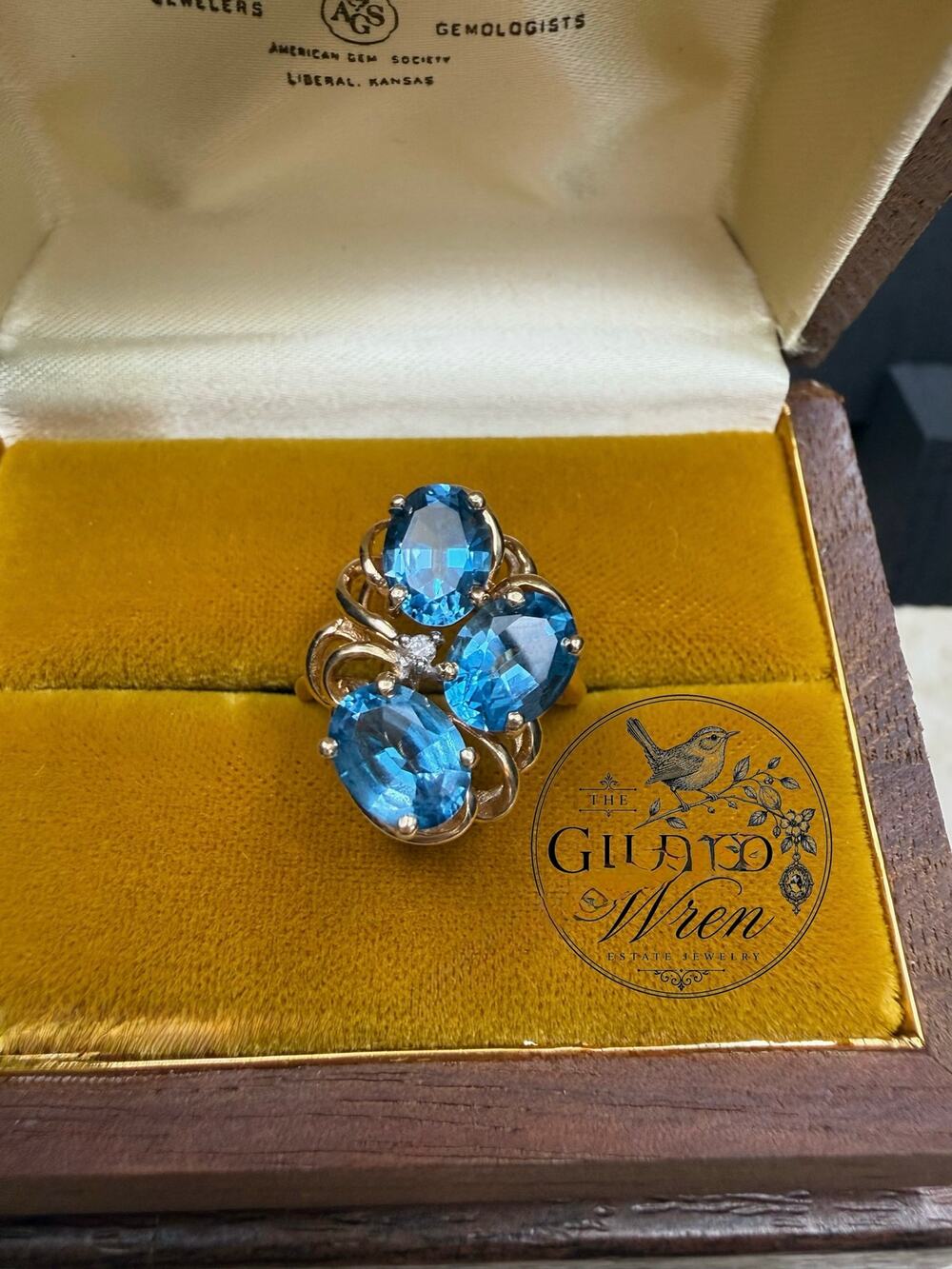 Vintage 14K Gold Blue Topaz Diamond Cocktail Ring 3 Stone Estate Size 6